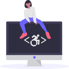 woman sitting casually on top of computer monitor, where desktop illustrates HTML code with universal accessibility icon